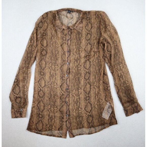 GUESS - WOMEN'S SHEER BROWN REPTILE SNAKESKIN ANIMAL PRINT LONG SLEEVE TOP - M - Picture 1 of 8